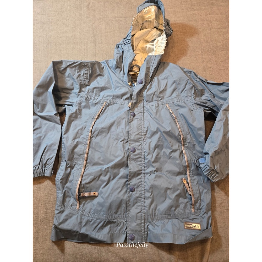 VTG REI Women's Jacket Medium Blue Hooded Rain Packable Hike Zip Outdoor Utility